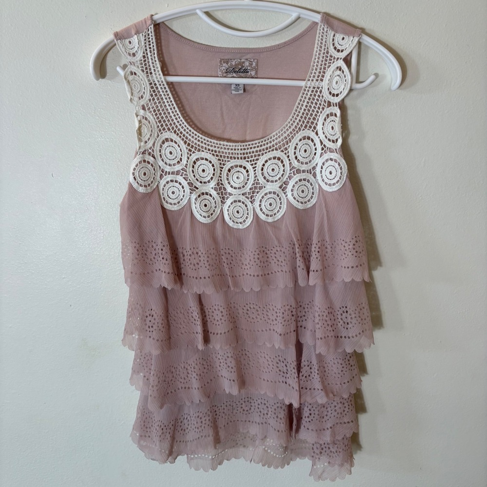 Deletta Crochet Tiered Ruffle Lasercut Scalloped Pink Tank Top Size XS‎